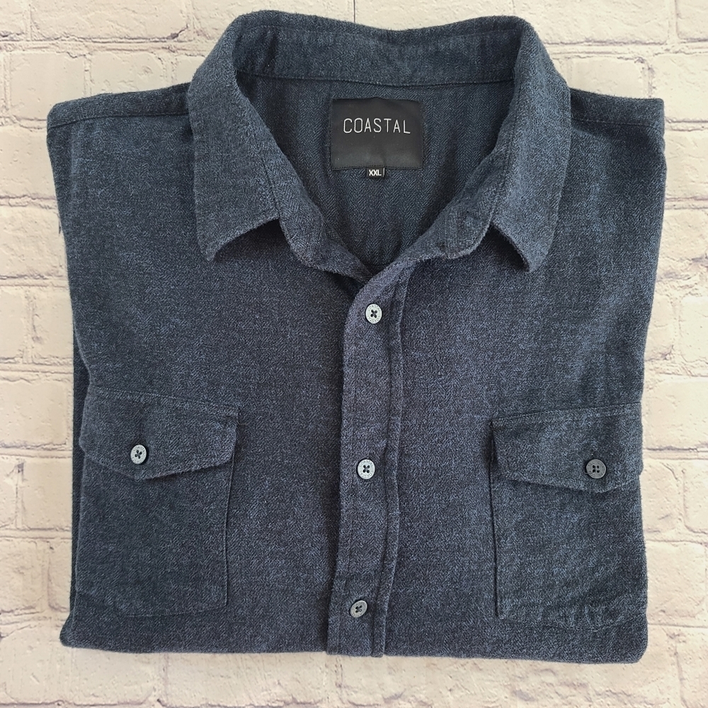 Coastal Men's Size XXL Cotton Flannel Button Down Shirt Solid Blue